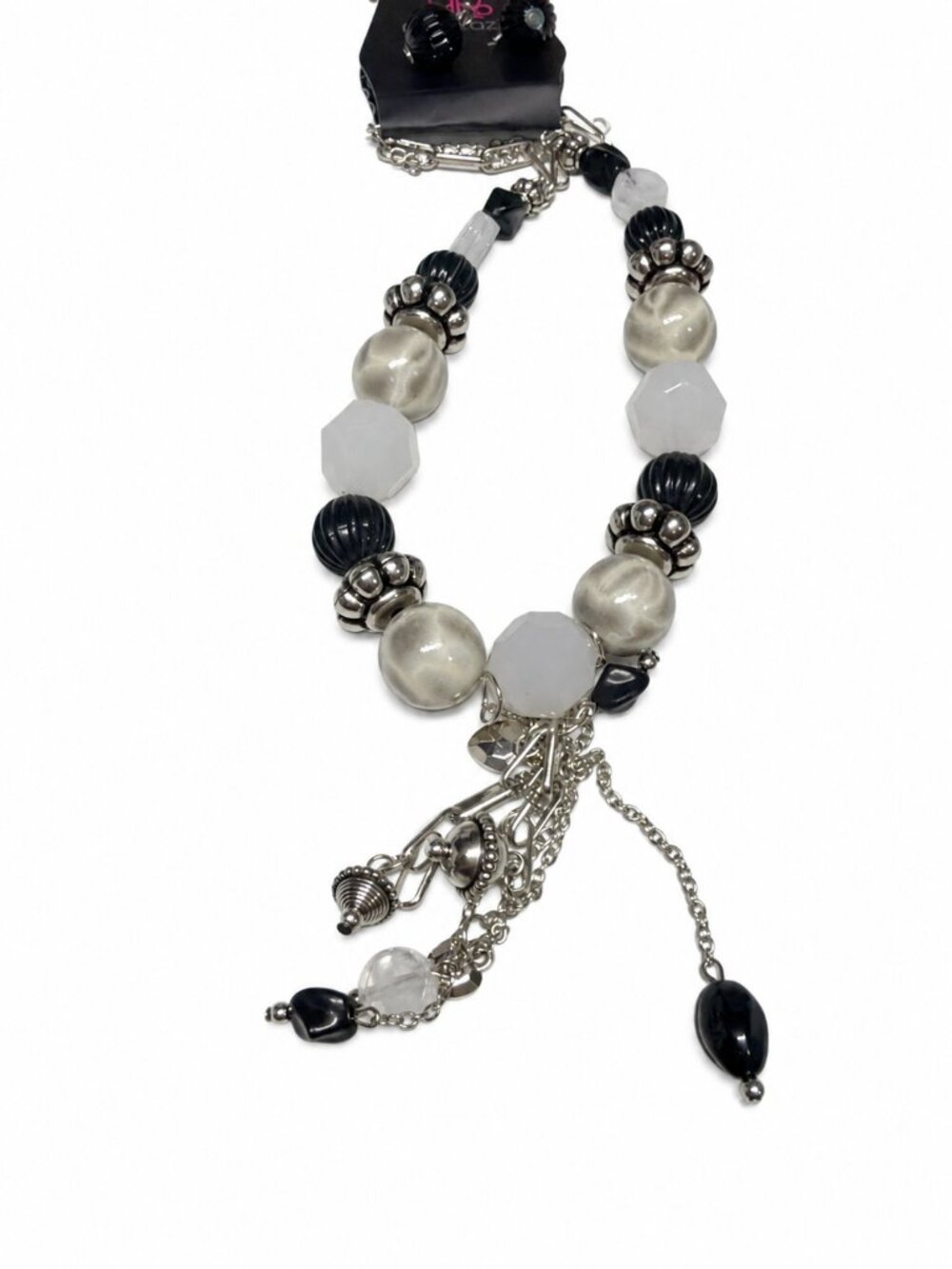 Paparazzi Black White Beaded Charm Necklace & Matching Earrings Set